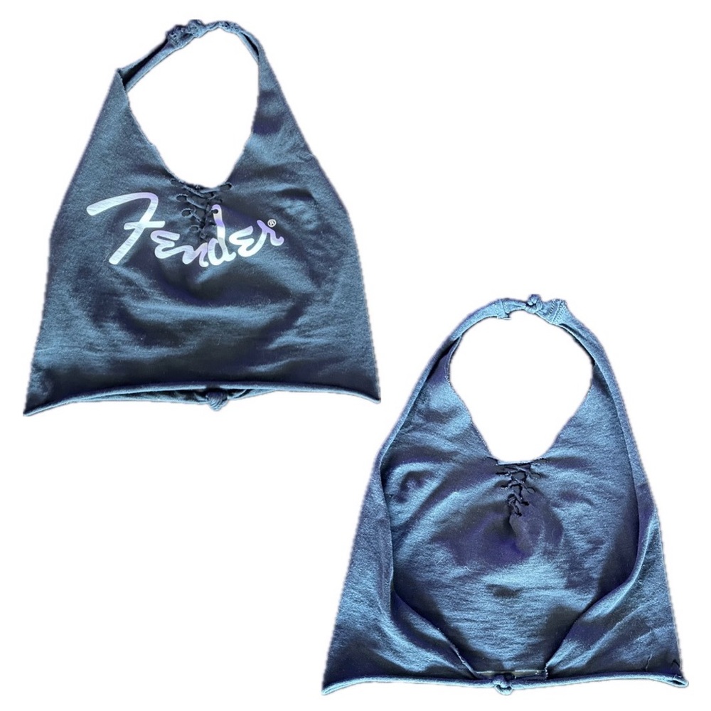 Y2K Upcycled Black Fender Cropped Halter Top